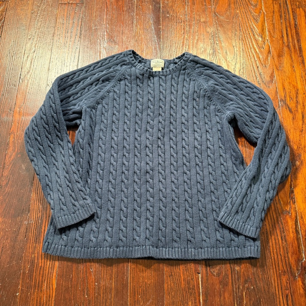 LL Bean Cable Knit Sweater Womens 1X Blue Fisherman Rope Raglan Pullover